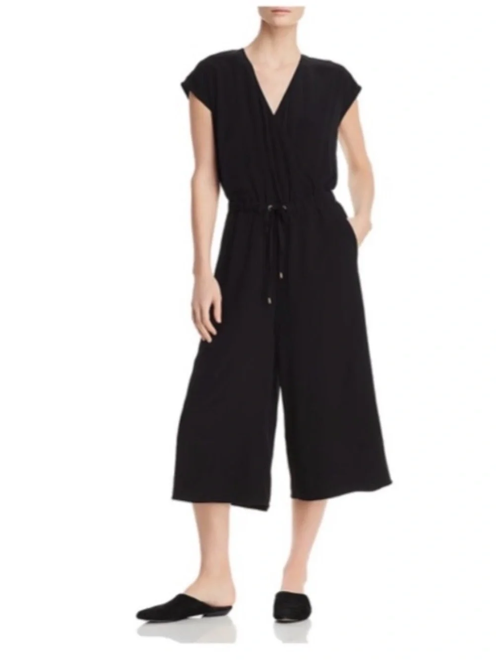 Eileen Fisher Black Slouchy Sleeveless Vneck Cropped Jumpsuit Drawstring Waist M